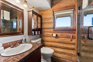 Bathroom with vanity, toilet, and rustic walls