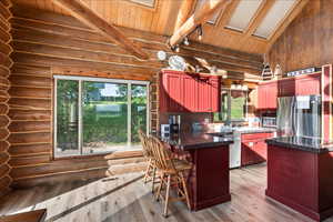 Kitchen featuring appliances with stainless steel finishes, light hardwood / wood-style floors, and wooden ceiling