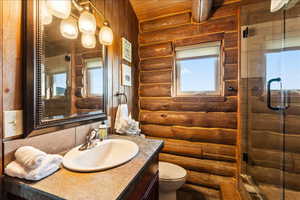 Bathroom with an enclosed shower, vanity, log walls, and toilet