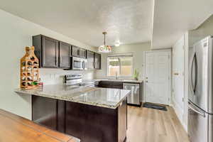 Kitchen featuring appliances with stainless steel finishes, pendant lighting, sink, kitchen peninsula, and light stone countertops