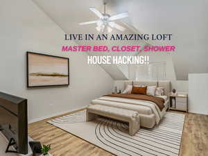 Bedroom featuring baseboards, wood finished floors, ceiling fan, and lofted ceiling