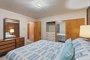 Carpeted bedroom featuring a closet