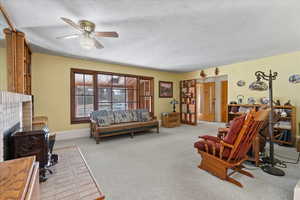 Carpeted living room with ceiling fan, a textured ceiling, and a wood stove