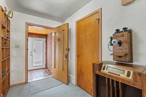 Interior space with light colored carpet