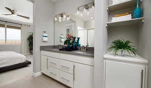 Bathroom featuring vanity, an enclosed shower, tile patterned floors, and ceiling fan