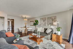 Living room featuring wood-type flooring and a textured ceiling