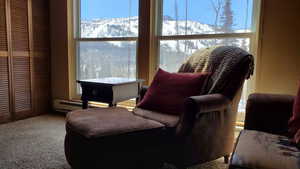 Sitting room with light colored carpet, a mountain view, and a baseboard heating unit