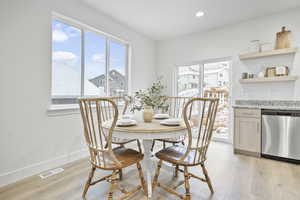 Dining space featuring a wealth of natural light and light hardwood / wood-style floors