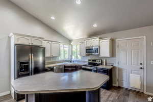 Kitchen with hardwood / wood-style flooring, lofted ceiling, appliances with stainless steel finishes, and sink