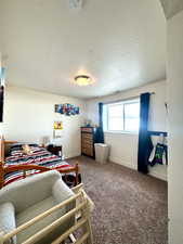 Bedroom with carpet floors and a textured ceiling