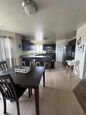 Dining space featuring a textured ceiling and light wood-type flooring