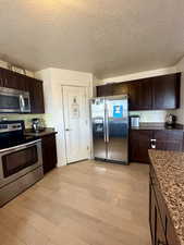 Kitchen featuring appliances with stainless steel finishes, dark brown cabinets, dark stone countertops, and light hardwood / wood-style flooring