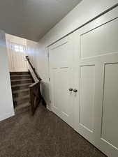 Stairway with a textured ceiling and carpet
