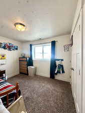 Carpeted bedroom featuring a textured ceiling