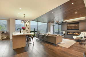 Living room featuring floor to ceiling windows, dark hardwood / wood-style flooring, a chandelier, and sink