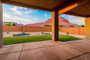 View of patio featuring a mountain view