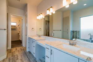 Bathroom with vanity and wood-type flooring