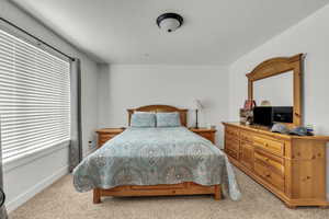 Bedroom featuring light carpet