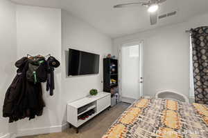 Bedroom with carpet flooring and ceiling fan