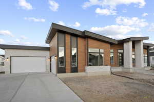 Modern home featuring a garage