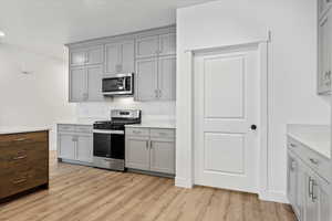 Kitchen with gray cabinetry, stainless steel appliances, light hardwood / wood-style floors, and a textured ceiling