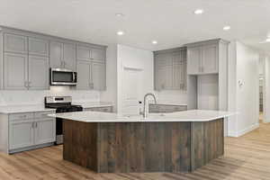 Kitchen featuring sink, light hardwood / wood-style flooring, an island with sink, and appliances with stainless steel finishes