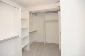 Spacious closet featuring light colored carpet