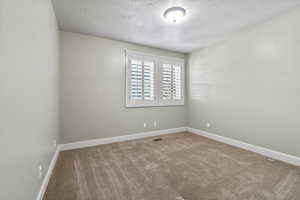 Spare room featuring carpet floors and a textured ceiling