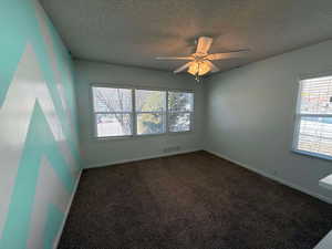 Carpeted spare room with ceiling fan and a textured ceiling