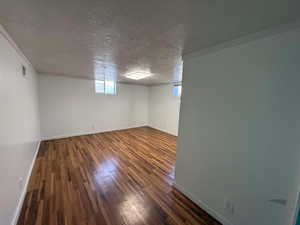 Basement with dark hardwood / wood-style flooring and a textured ceiling