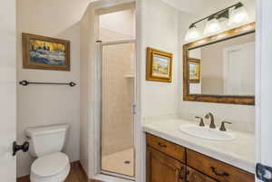 Bathroom featuring walk in shower, vanity, and toilet