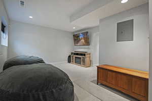 Carpeted living room with electric panel