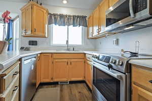 Kitchen with appliances with stainless steel finishes, sink, and dark wood-type flooring