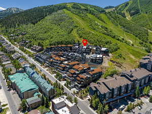 Aerial view of property's location featuring a mountainous background and a forest