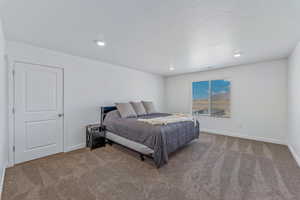 Bedroom featuring carpet flooring and a textured ceiling