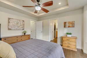 Bedroom featuring ceiling fan, dark hardwood / wood-style flooring, and a raised ceiling