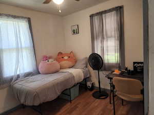 Bedroom featuring multiple windows, wood-type flooring, and ceiling fan