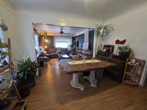 Dining space featuring ceiling fan and wood-type flooring