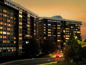 View of outdoor building at dusk