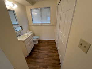 Bathroom with vanity, hardwood / wood-style flooring, and toilet