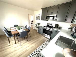 Kitchen featuring appliances with stainless steel finishes and light hardwood / wood-style floors