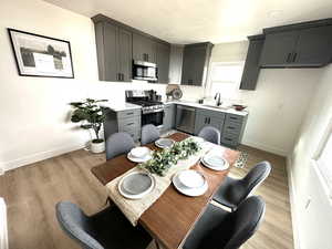 Kitchen featuring gray cabinetry, sink, light wood-type flooring, and appliances with stainless steel finishes