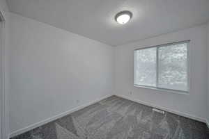 Carpeted spare room with a textured ceiling