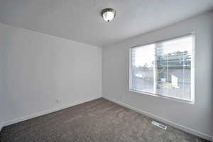 Unfurnished room with carpet flooring and a textured ceiling