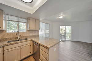 Kitchen featuring dishwasher, sink, kitchen peninsula, and backsplash