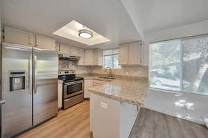 Kitchen featuring appliances with stainless steel finishes, sink, white cabinets, kitchen peninsula, and a raised ceiling