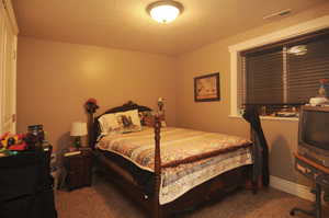 Carpeted bedroom with a textured ceiling