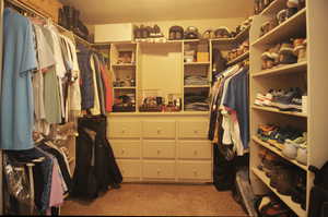 Walk in closet featuring light colored carpet