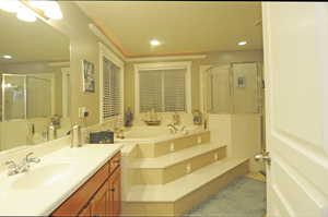 Bathroom featuring plus walk in shower and vanity