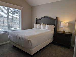 Bedroom with lofted ceiling and dark carpet